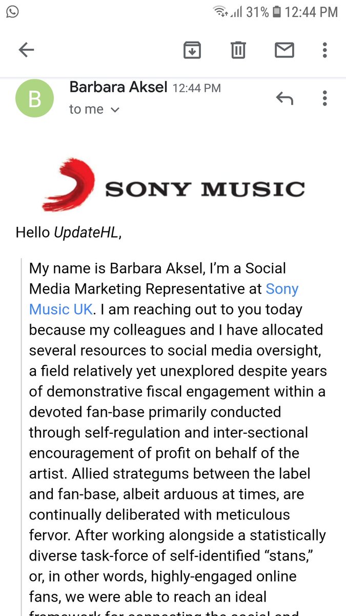 On April 19, I received an email from SonyUK, it said that they wanted to contact the account to give Harry more promo, but to communicate with them we had to give some info. I tried to give the info by myself but the link that was there didn& #39;t work because I was not from uk.