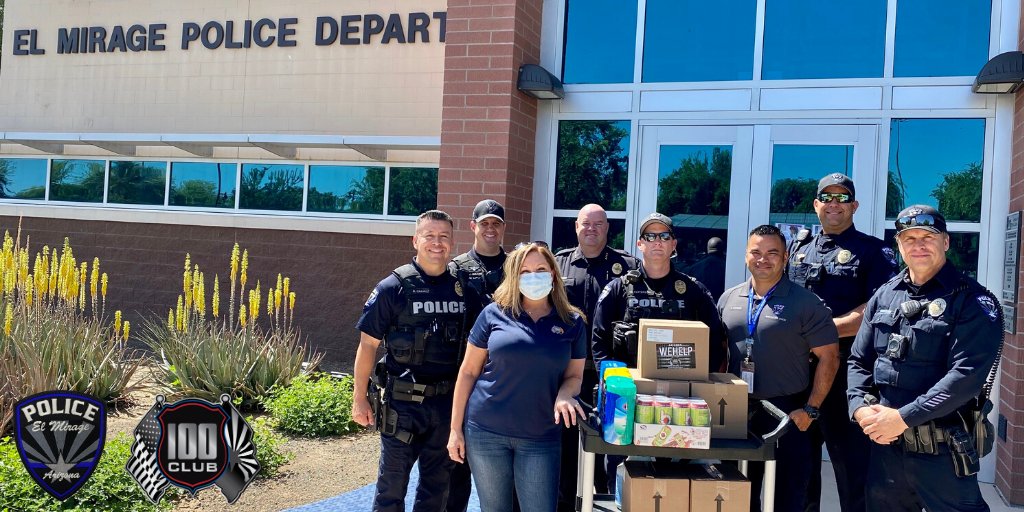ElMiragePD's tweet photo. On behalf of the 100 club of AZ, Programs Manager Iva Rody stopped by the El Mirage Police Department to deliver various products to assist our first responders during the COVID-19 pandemic.  We greatly appreciate the love and support.    https://t.co/KjUKIsyEY9 #100clubarizona https://t.co/6tRiFRyaQR