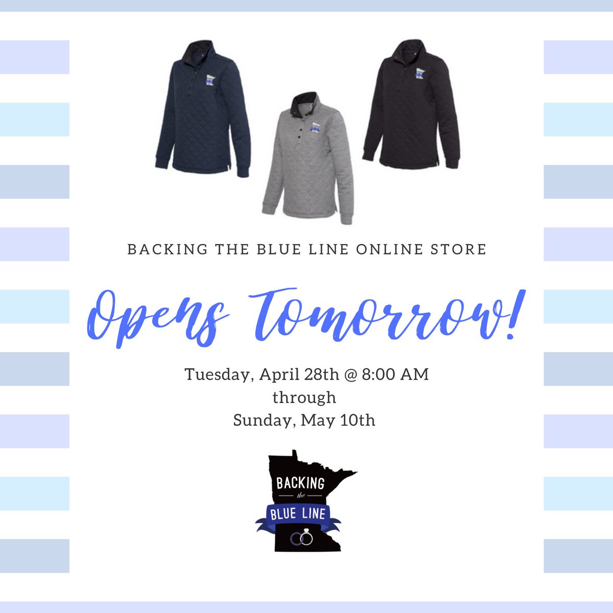 BtBLminnesota's tweet photo. BtBL's Online Store will be opening tomorrow, April 28th @ 8:00 AM

All are welcome to shop the store, so help us spread the word. This is a great opportunity to show your support and stock up on BtBL gear for the whole family 💙 #btbl #backingtheblueline https://t.co/4dqZuQR0u2