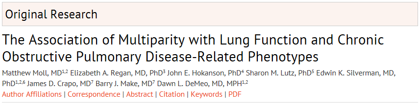 CHeRP_DPM's tweet photo. New Article! "The Association of #Multiparity with #Lung #Function and #Chronic #Obstructive #Pulmonary #Disease- #Related #Phenotypes." Co authored by @CHeRP_DPM / @PROMoTeR_DPM Assistant Professor Sharon Lutz is published in @COPDFoundation #COPD https://t.co/GszgK9AuMY https://t.co/3454Ot3Say