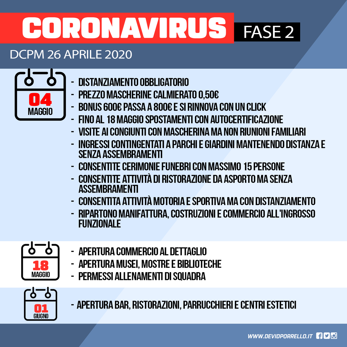 DevidPorrello's tweet photo. #CoronaVirus Una sintesi del calendario delle misure che dal 4 maggio caratterizzeranno la #Fase2 di questa emergenza. Qui il decreto completo: https://t.co/0Sol7cbspx
Manteniamo le distanze e non creiamo assembramenti. Per uscire il prima possibile e non tornare indietro! https://t.co/fCuPij0ib9