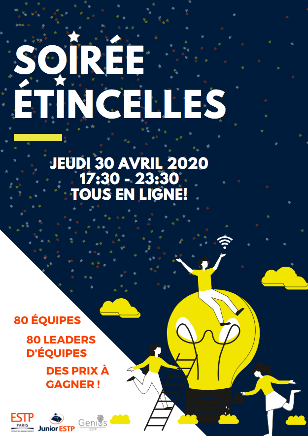estp_officiel's tweet photo. [#PÉDAGOGIE]🚀La soirée #Étincelles marque le lancement du Parcours #Entrepreneuriat pour nos 1A. L'édition 2020 sera 100% en ligne et aura lieu le 30/04. Au programme : 80 équipes d'étudiants mobilisés à distance, de l'#innovation💡, des pitchs #vidéo🎥.
#Startup #DesignThinking https://t.co/IoRrmSRjks