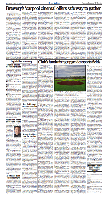 dshameer's tweet photo. In our extra page for River Valley in the e-edition of the Arkansas Democrat-Gazette, we have stories on refurbished fields in Fort Smith, a carpool cinema in Fort Smith and a new police chief in Russellville. https://t.co/KrWsm1UUA6 ... #FortSmith #SebastianCounty #Russellville https://t.co/K9YYmR789L