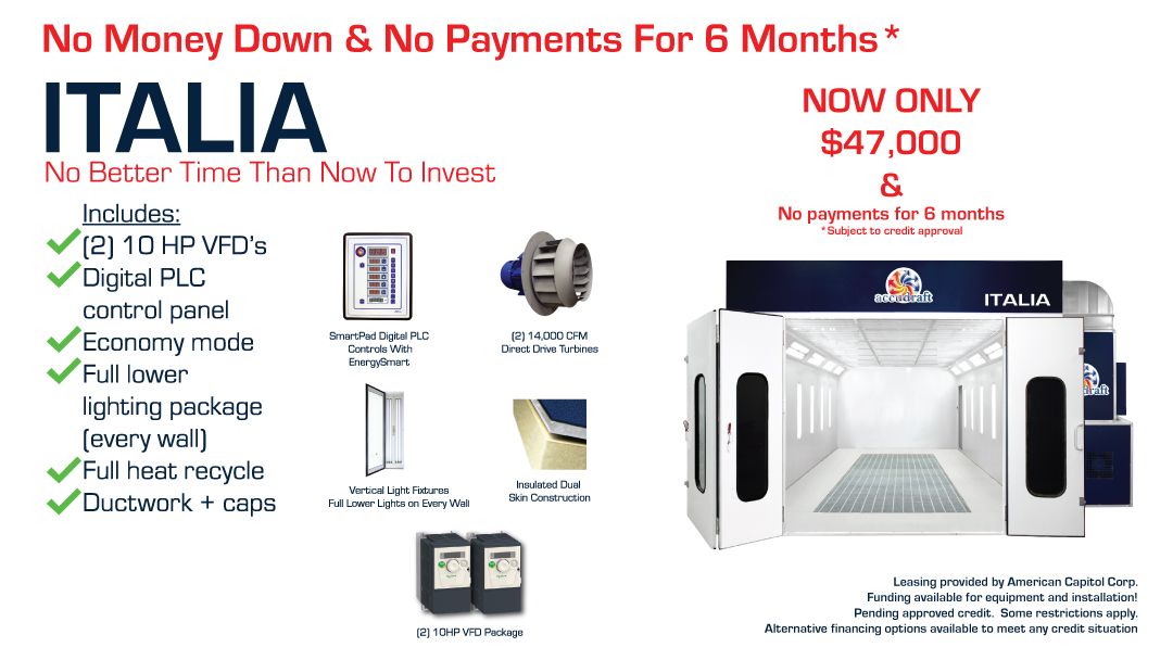 Accudraft's tweet photo. Upgrade your shop with our industry-leading ITALIA paint booth.

No money down. No payments for 6 months.

Order today or learn more about ITALIA here >> https://t.co/JrV0Al3Ui2

#accudraft #accudraftitalia #financing #promotions #collisionrepair #autobody #paintbooths https://t.co/waQWmfrg9B