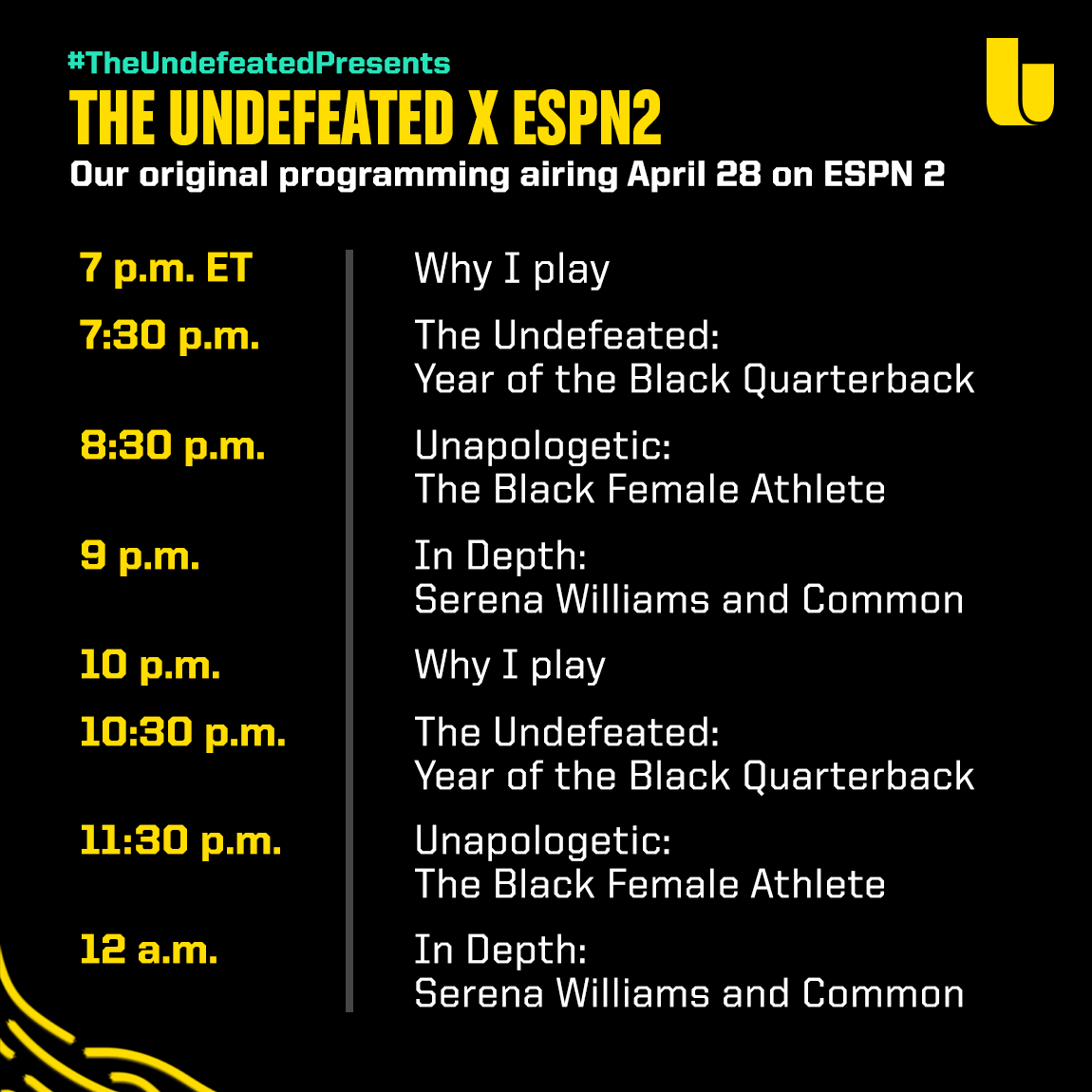 andscape's tweet photo. Hey Fam! Did you know we were having a watch-party?

Tune in to ESPN2 at 7pm ET/4pm PT. Invite your friends and join us!  

#TheUndefeatedPresents https://t.co/BzvbL0CMbO