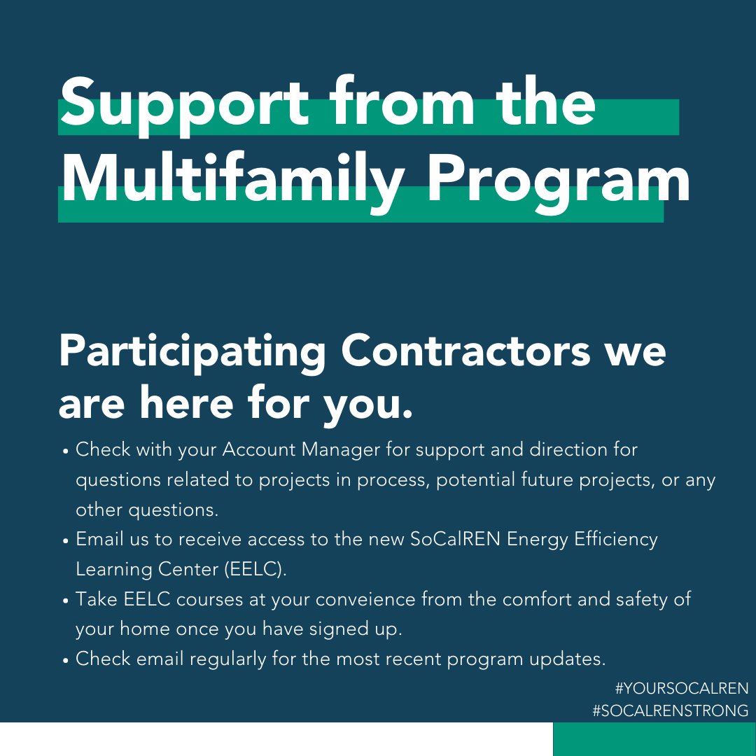_SoCalREN's tweet photo. Find out how the SoCalREN Multifamily Program is here for you during COVID-19.
#YourSoCalREN #COVID19 #HereForYou #Contractors
#ParticipatingContractors #LearningCenter #EnergyEfficiency #ProgramUpdates #Courses #Online #SoCalRENStrong #Support https://t.co/ZxrKh1aRU3