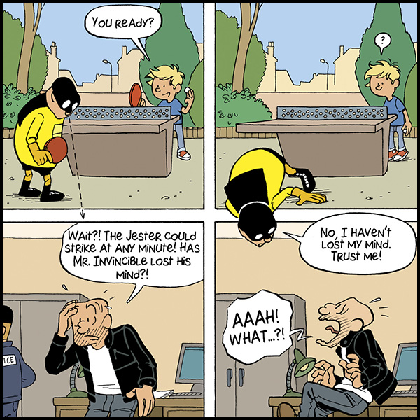 MagneticPress's tweet photo. #TheDailyPanel - "Eavesdropping" - Mr Invincible is able to see and hear across time and space using the power of comics! From #MRINVINCIBLE by  #PascalJousselin, in stores in June from @MagneticPress! https://t.co/X3BUaLDEum https://t.co/y70QGwHdmd