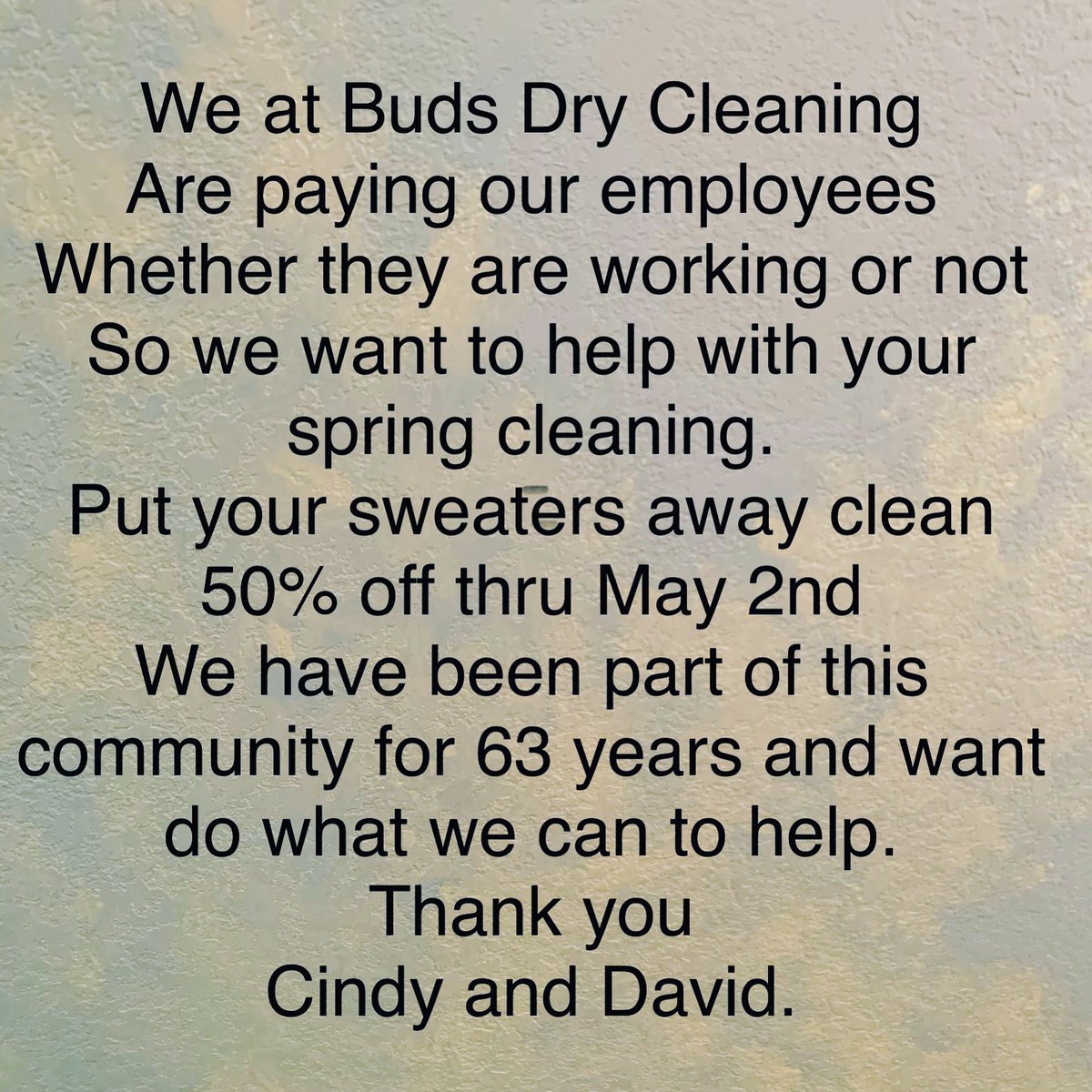 BudsDryCleaning's tweet photo. Spring cleaning time. Let us help put you winter clothes away clean. https://t.co/jrAfvMgP6s