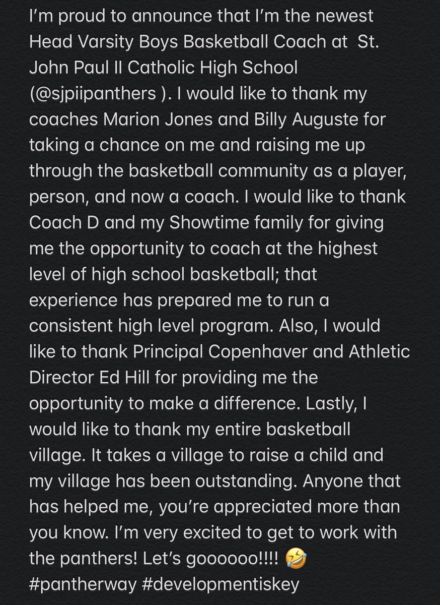 canderson0_'s tweet image. I’m proud to announce that I am now, the Head Varsity Boys Basketball Coach at St. John Paul II Catholic High School #pantherway #developmentiskey