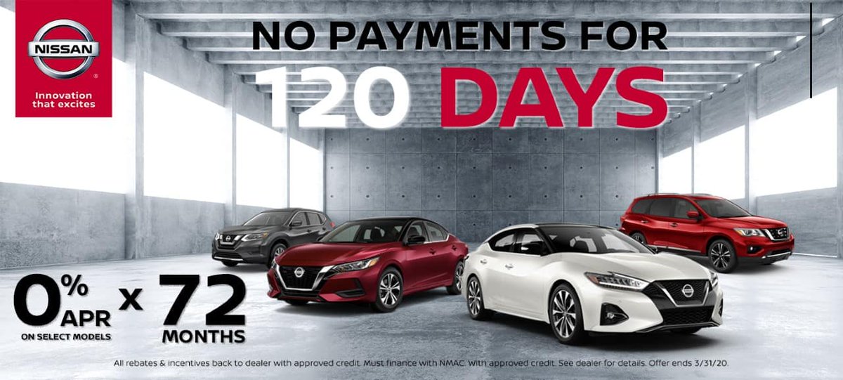 Make no payments for 120 days with 0% APR financing for up to 72 months at Edwards Nissan. Click here to view this offer: bit.ly/2VTamot