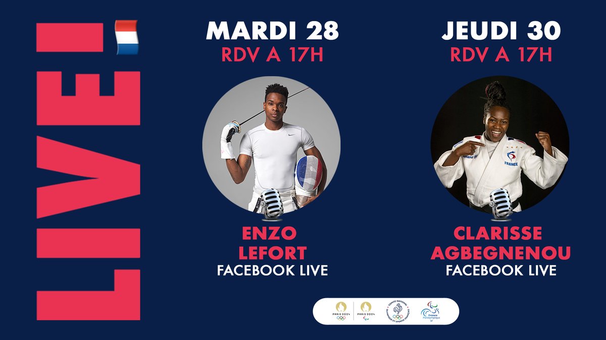 Paris 2024 (@paris2024) on Twitter photo Cette semaine, #BougezChezVous avec <a href="/Enzo_Lefort/">lefort enzo</a> 🤺 et <a href="/Gnougnou25/">AGBÉGNÉNOU Clarisse</a> 🥋 en Live sur les pages Facebook de <a href="/FranceOlympique/">FranceOlympique</a>, <a href="/FRAparalympique/">Comité Paralympique et Sportif Français</a> et <a href="/Paris2024/">Paris 2024</a>
Enfilez votre tenue de sport et venez partager un moment avec nos athlètes 🇫🇷 À demain, 17h 👋 Cette semaine, #BougezChezVous avec <a href="/Enzo_Lefort/">lefort enzo</a> 🤺 et <a href="/Gnougnou25/">AGBÉGNÉNOU Clarisse</a> 🥋 en Live sur les pages Facebook de <a href="/FranceOlympique/">FranceOlympique</a>, <a href="/FRAparalympique/">Comité Paralympique et Sportif Français</a> et <a href="/Paris2024/">Paris 2024</a>
Enfilez votre tenue de sport et venez partager un moment avec nos athlètes 🇫🇷 À demain, 17h 👋