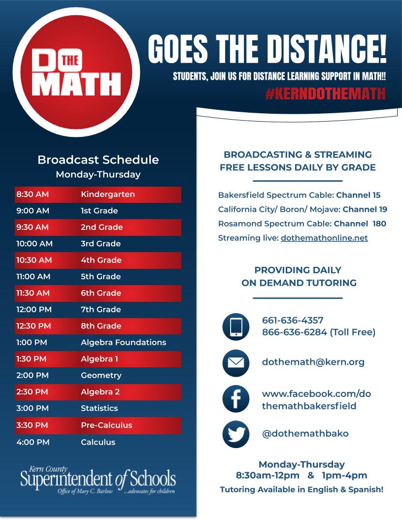 Are you in grades Tk-8?  Do you need help in ELA, ELD, Science, or History?  Our @dothemathbako tutors are ready help!  We are now offering tutor support for all subjects TK-8th grade.  See attached flyer for contact information.
#KCSOSProud #kerndothemath