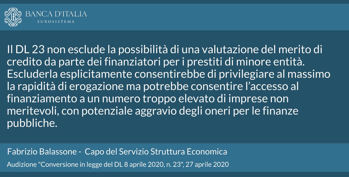 bancaditalia's tweet photo. in modo efficiente: in alcuni casi il credito potrebbe affluire a imprese comunque destinate a non superare la crisi. Così #Balassone Bankitalia in audizione a @Montecitorio su conversione in legge del DL #Liquidità https://t.co/nNor8cfOrX  2/2 https://t.co/VgTwchwA9m