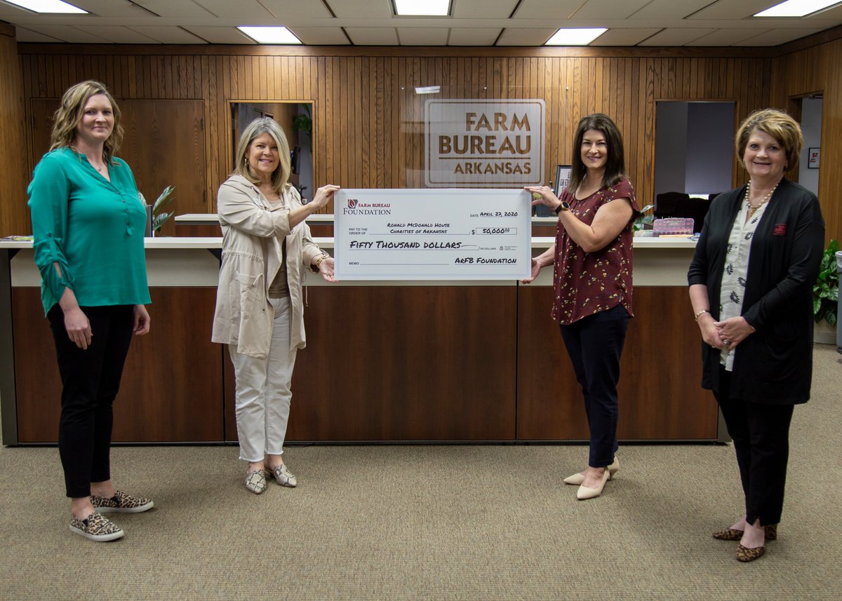 ArFB's tweet photo. The ArFB Women's Leadership Committee &amp; ArFB Foundation partnered to present a $50,000 check to Janell Mason executive director of @RMHCArkansas this morning at the ArFB Center! #AgWomenLead #AgGivesBack https://t.co/g6E5rdH7Zi