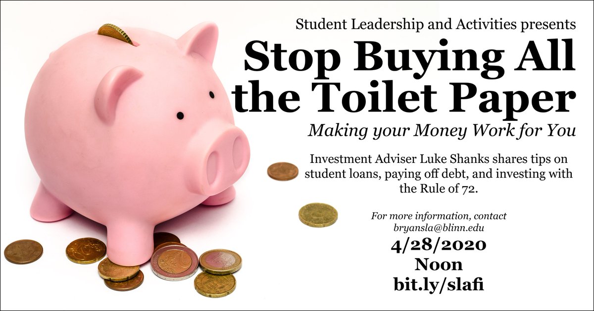 BlinnBryanSLA's tweet photo. Tomorrow at Noon we will have our next Virtual Speaker Series session with Financial Advisor Like Shanks. He will be addressing many topics from student loans, paying off debt, and investing your money in a way that suits your needs. https://t.co/J2pkRhEO4m