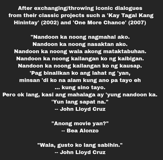 this part tho. i'm still teary-eyed while rewatching this sequence of john lloyd cruz and bea alonzo during their insta live convo. my laber's heaaaart!!! ♥