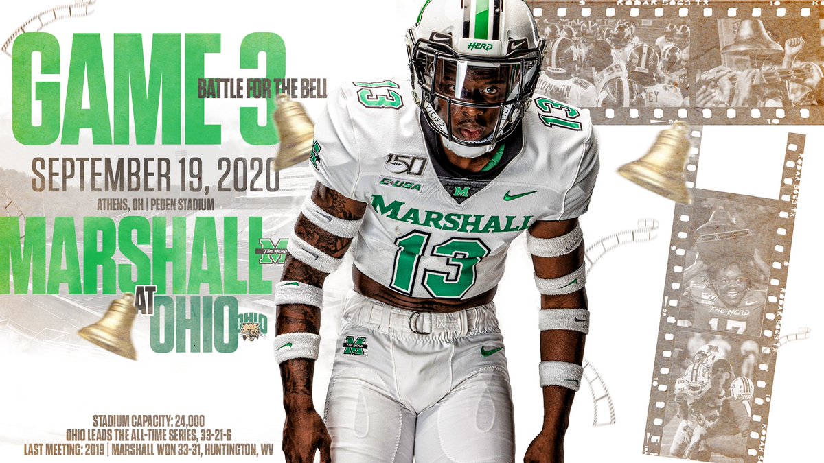 HerdFB's tweet photo. RT if you think we are going to keep the 🔔 in Huntington again.

Game 3 | Battle for the Bell
🆚 @OhioFootball
📆 September 19, 2020
📍 Athens, OH
🏟 Peden Stadium
🔔 @chevrolet

#WeAreMarshall x #MondayMatchup https://t.co/z5d1inLfAk