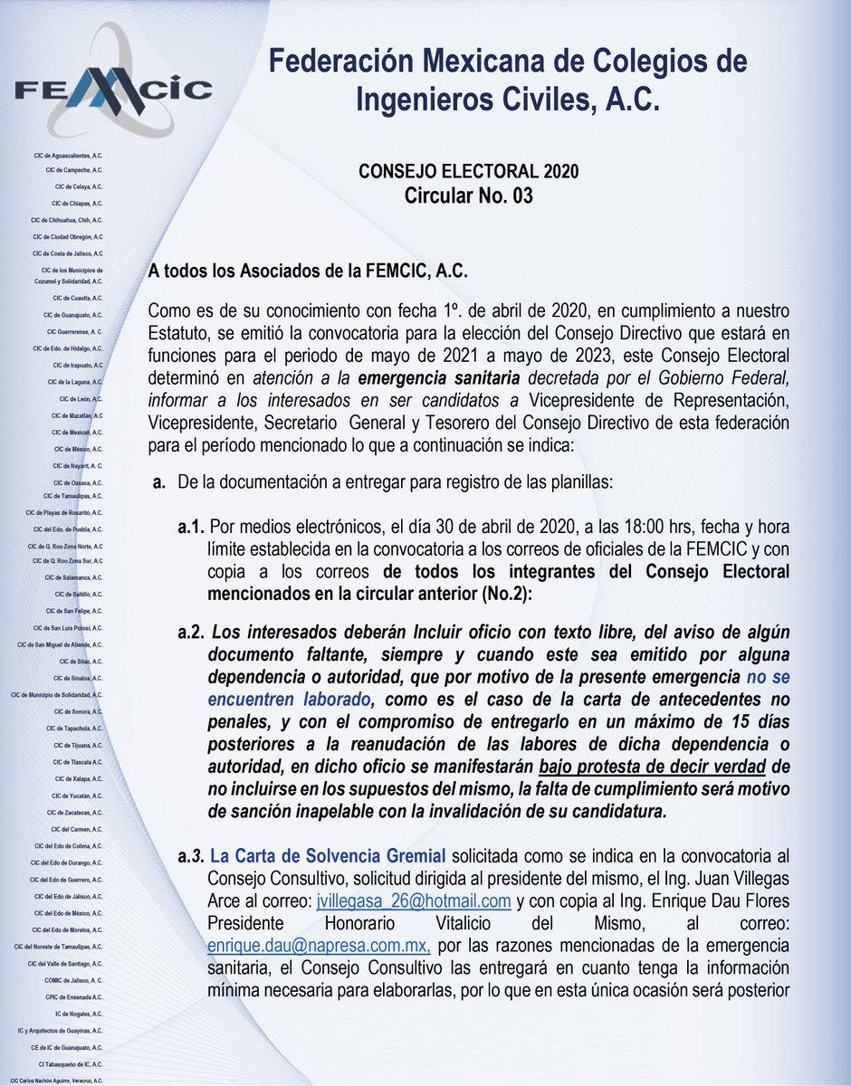 FEMCIC1's tweet photo. CONSEJO ELECTORAL 2020

Asociados de la FEMCIC:

Como es de su conocimiento con fecha 1º. de abril de 2020, en cumplimiento a nuestro Estatuto, se emitió la convocatoria para la elección del Consejo Directivo que estará en funciones para el periodo de mayo de 2021 a mayo de 2023 https://t.co/1uZFy5FOI4