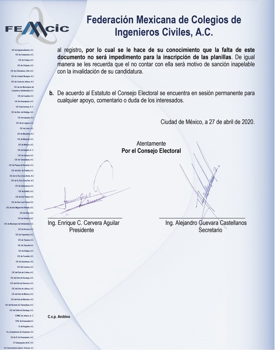 FEMCIC1's tweet photo. CONSEJO ELECTORAL 2020

Asociados de la FEMCIC:

Como es de su conocimiento con fecha 1º. de abril de 2020, en cumplimiento a nuestro Estatuto, se emitió la convocatoria para la elección del Consejo Directivo que estará en funciones para el periodo de mayo de 2021 a mayo de 2023 https://t.co/1uZFy5FOI4