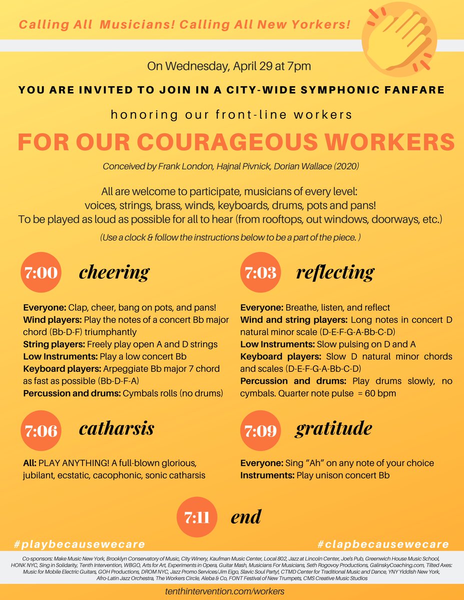 Calling all New Yorkers!
Join <a href="/TENTHInterventn/">Tenth Intervention</a> this Wednesday at 7pm for a city-wide symphonic fanfare to celebrate and honor front-line workers during the Covid-19 pandemic.
For more information: tenthintervention.com.
#playbecausewecare