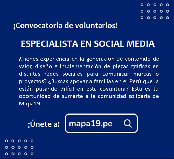 #Convocatoria #VoluntariadoProfesional 
En #Mapa19 estamos en búsqueda de #voluntarios para el rol de ESPECIALISTA EN SOCIAL MEDIA.
Conoce más sobre el reto aquí: drive.google.com/file/d/1qwG_4a…
Si estás interesado, por favor completa el siguiente registro: 
docs.google.com/forms/d/e/1FAI…