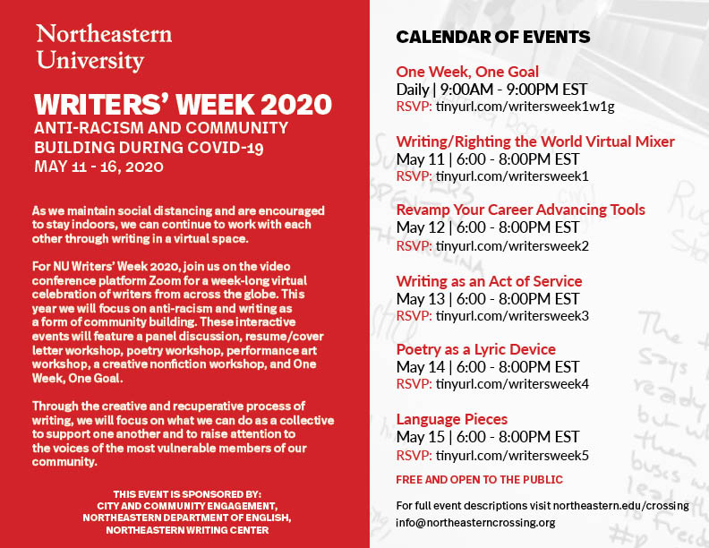 BostonRhetComp's tweet photo. Writers' Week--a series of events and workshops on the theme of anti-racism and community building during COVID-19. Sponsored by the NU Writing Program, the NU Writing Center, and Northeastern Crossing, these events are free and open to the public. https://t.co/4BuHHEJUpU