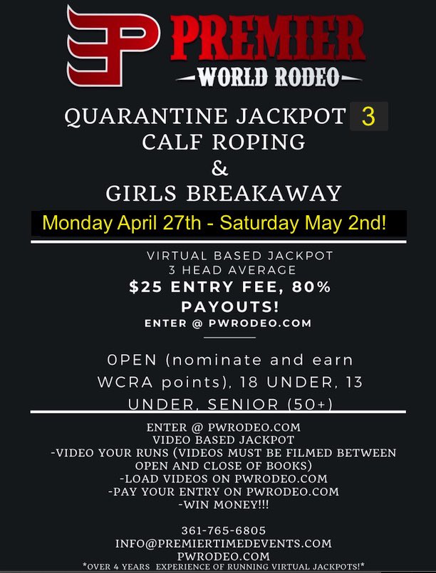 Premier_Rodeo's tweet photo. 💸Entries are open for this weeks jackpot!!! Compete against Ropers from around the world from your practice pen! 
*Open Ropers nominate and win @wcrarodeo points!
$25 entry fee 80% payouts! 
https://t.co/Z3R5GRQSPJ
#calfroping #breakawayroping #rodeo #winmoneywhileyoupractice https://t.co/LaDn0BbOuK