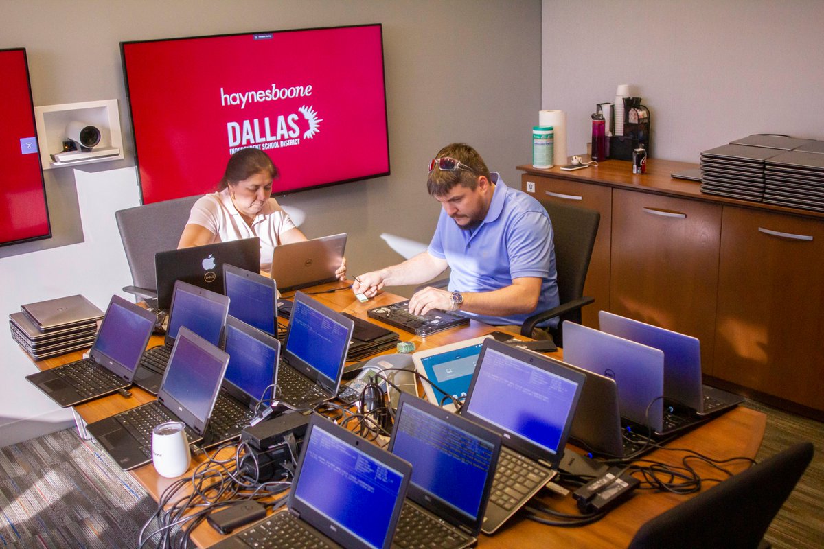 haynesboone's tweet photo. Members of Haynes and Boone’s IT Team cleaned and prepared 25 laptops to donate to Dallas Independent School District (@dallasschools) families today. These repurposed laptops will be used to support at-home learning and Internet access for students and parents. #HBCommunity https://t.co/ysCfEbANpk