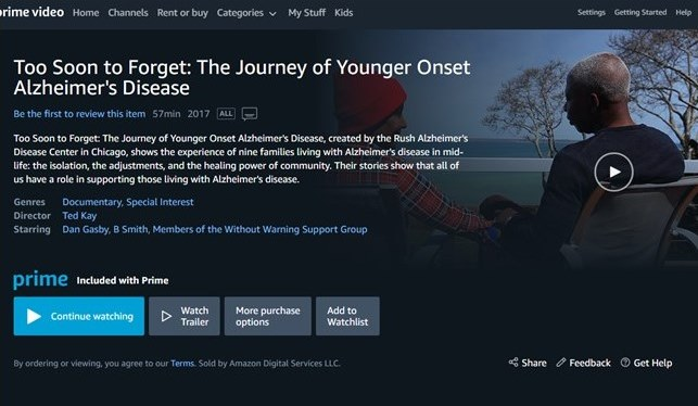 rushalzheimers's tweet photo. Since our @WithoutWarningR documentary, "Too Soon to Forget," launched on #AmazonPrime just a few weeks ago, it has been watched over 41 times between the United States and the United Kingdom! Get your copy today. #TooSoonToForgetTheDocumentary #CreatingCommunityNow https://t.co/F20TbY2zxp
