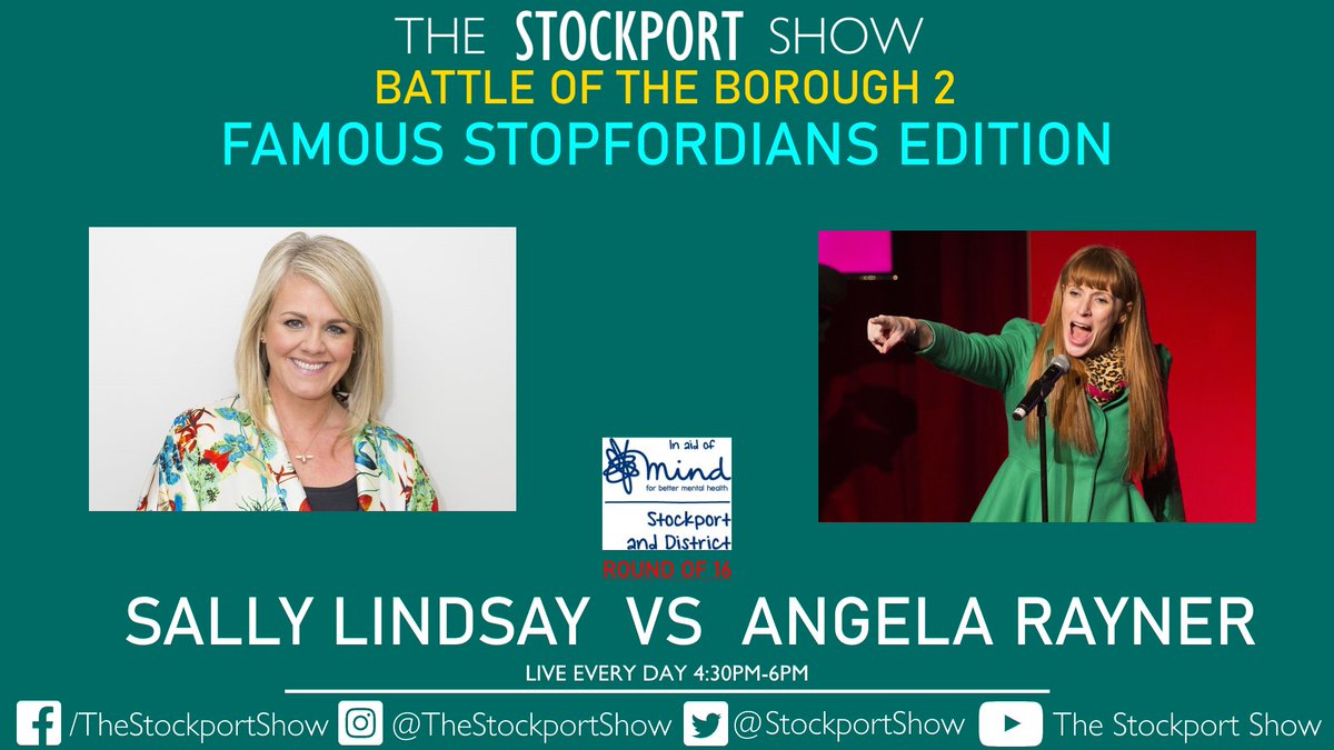 ✅VOTING NOW OPEN✅

🏆The Battle of #Stockport Borough 2🏆
🎩Famous Stopfordians Edition🎩
Rd of 16 - Match 6

<a href="/sally_lindsay/">Sally Lindsay</a> vs <a href="/AngelaRayner/">Angela Rayner</a> 

VOTE
Twitter - x.com/StockportShow/…
Facebook - facebook.com/TheStockportSh…

In aid of <a href="/stockportmind/">Stockport Mind</a> - DONATE
justgiving.com/fundraising/ba…