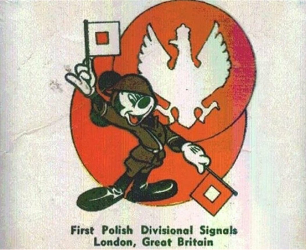 #WorldGraphicDesignDay 

During WW2, Disney Studios were inundated with requests from US military units to create unique unit designs incorporating Disney characters.

Disney also designed this one for the signallers of Maczek's 1st Polish Armoured Division.

Mouse meet Eagle.