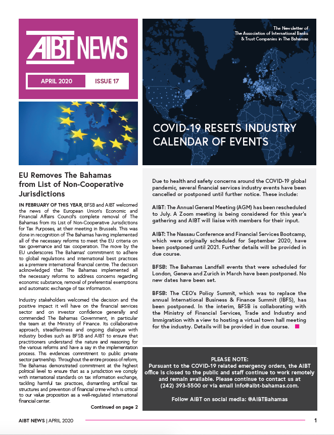 aibtbahamas's tweet photo. NEW: AIBT Newsletter Issue 17. Topics include: COVID-19 Resets Industry Calendar; FATF: COVID-19 &amp; Measures to Combat Illicit Financing; Ministry of Finance: Deadline Extension for Substance Filing; AIBT &amp; UB Explore Apprenticeship Program. 
Download: https://t.co/hzEkfeXFEs https://t.co/tRTnn2MrIF