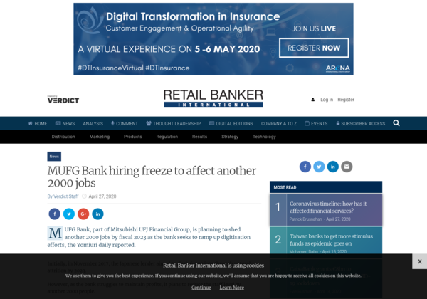 METRecLondon's tweet photo. MUFG Bank hiring freeze to affect another 2000 jobs #employment #banking #godigital https://t.co/DvKlIp3wEU https://t.co/A1ihvWXA2X