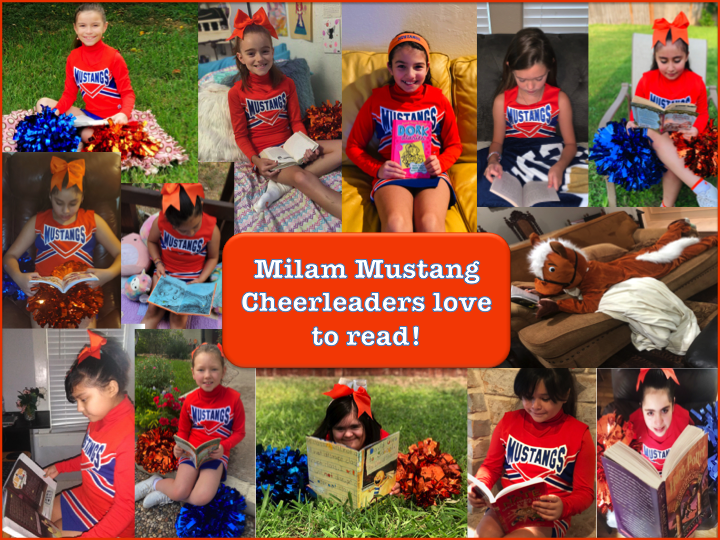 Milam Cheerleaders showing their love of reading during National Library Week! 💙🧡