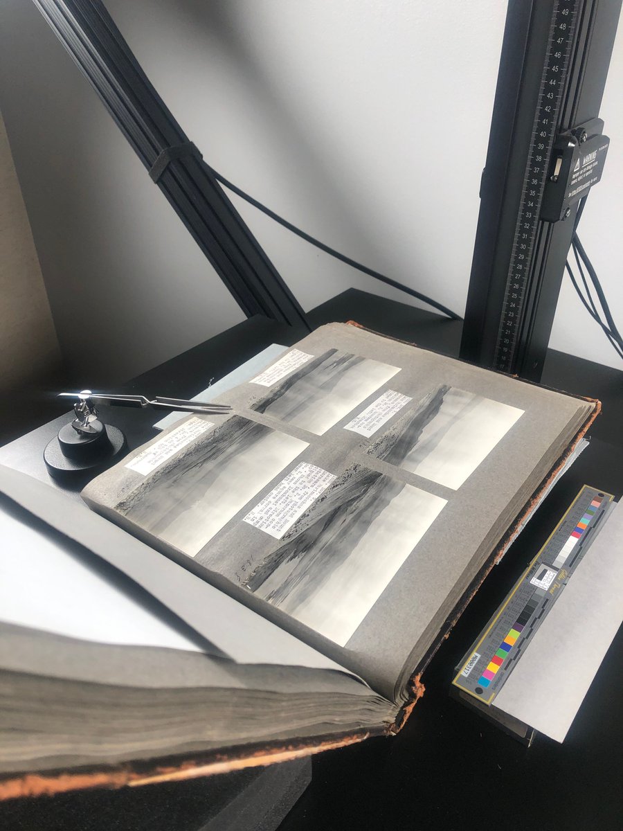 NatGeoLibrary's tweet photo. Imaging tricky materials like photo albums sometimes takes a little creativity. To digitize our Hiram Bingham albums, our team employs a variety of tools and props to get the images juuuust right! #ArchiveHacks #Archive30 @ARAScot https://t.co/aOHS4mpXXa