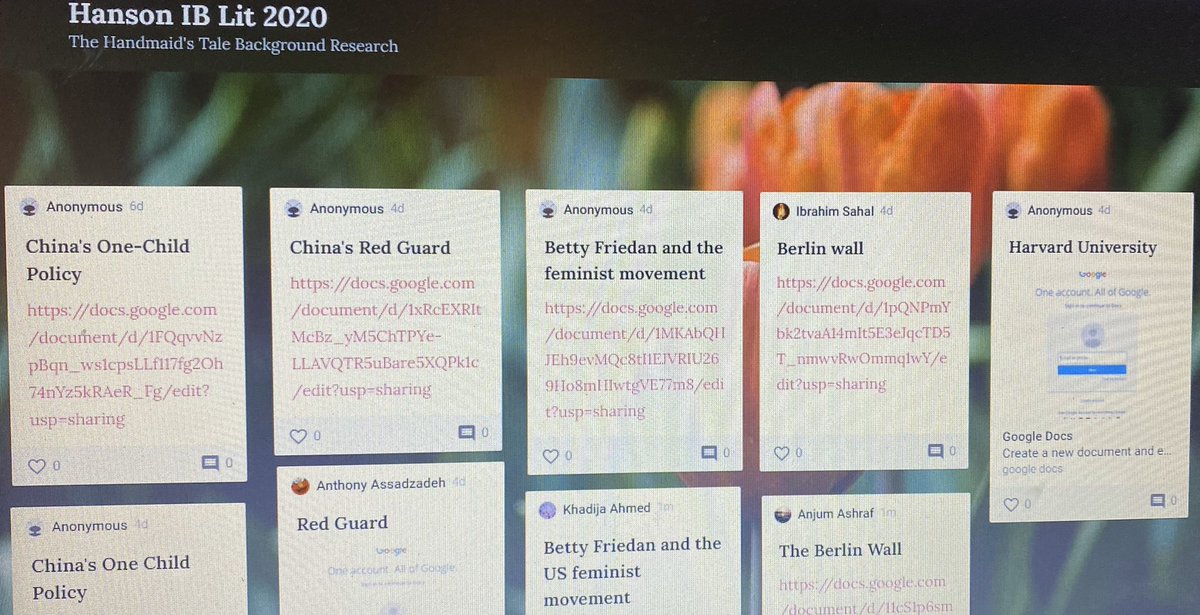 MLADickinson's tweet photo. First time using Padlet. IB Lit students were able to learn from one another's background research on @MargaretAtwood's The Handmaid's Tale @AtomicMsH @KnightReader103 #distancelearning #IBLit #AHSPOGsquad #finesthour https://t.co/oM07U2RNp7