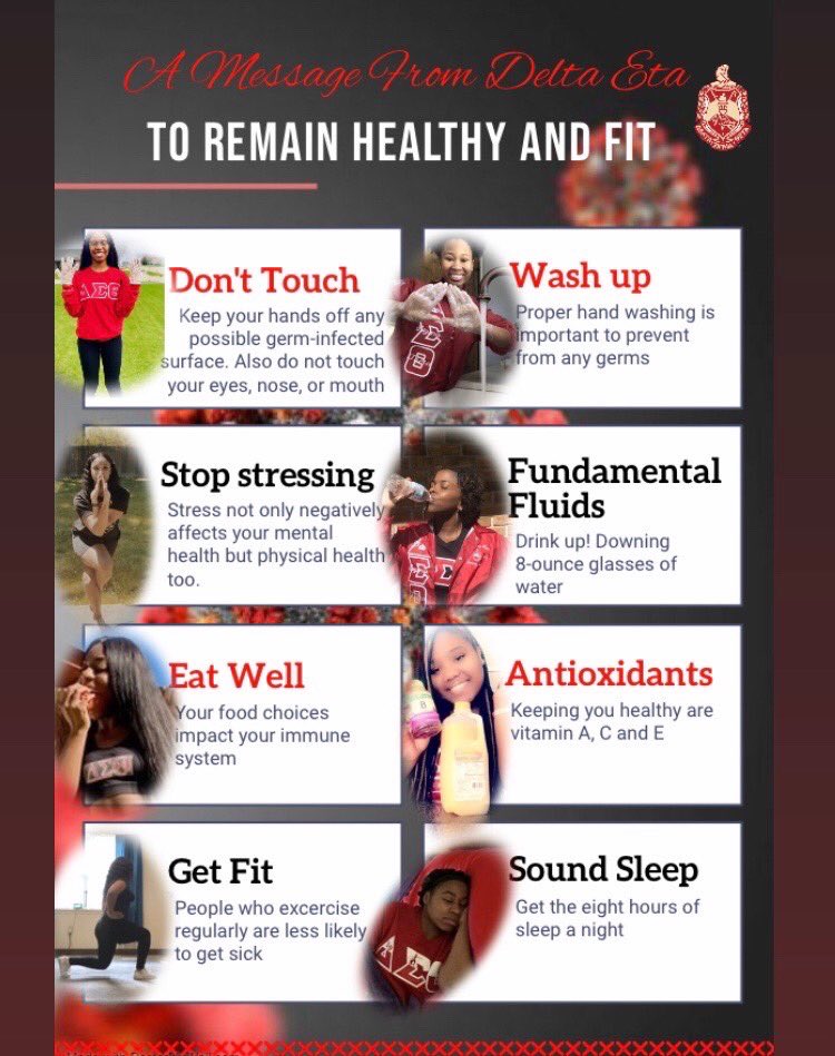 DeltaEta_DST's tweet photo. Some tips from Delta Eta for staying healthy and fit during COVID-19
#Stayhome 
#Quarantineandchill
#WashYourHands
#SocialDistancing
#StayInformed
#StayHealthy
#StayMindful
#StopTheSpread https://t.co/NjzIKwxXzn