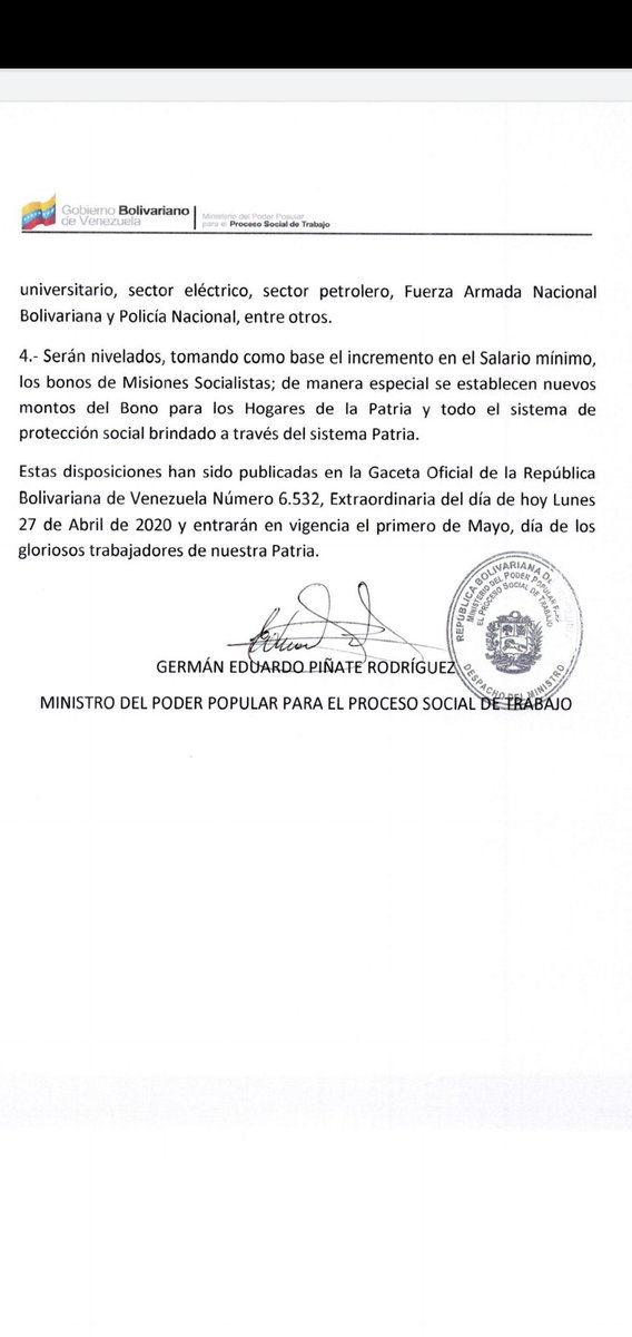 torrealbaf's tweet photo. #27Abril Actuando en defensa de los derechos de L@s Trabajador@s hoy el Compatriota Bolivariano Trabajador Presidente @NicolasMaduro ha procedido a ordenar el incremento del Salario Mínimo Nacional más el monto de Cesta Ticket Socialista y los montos de Pensiones y Jubilaciones. https://t.co/peEspcmYnf