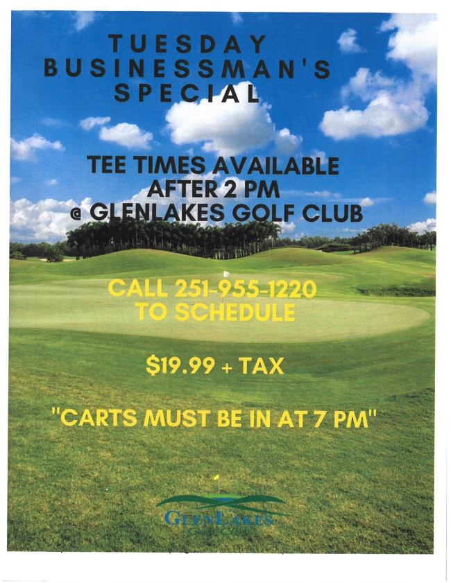 Take a break in the week and enjoy the Businessman’s Special on Tuesday after 2pm.
