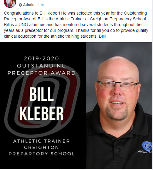 CPVarsitySports's tweet photo. Congratulations to Creighton Prep Athletic Trainer Bill Kleber for being honored by UNO for his outstanding work as a mentor and supervisor for athletic training students at the university. https://t.co/yq5qGSkZo5