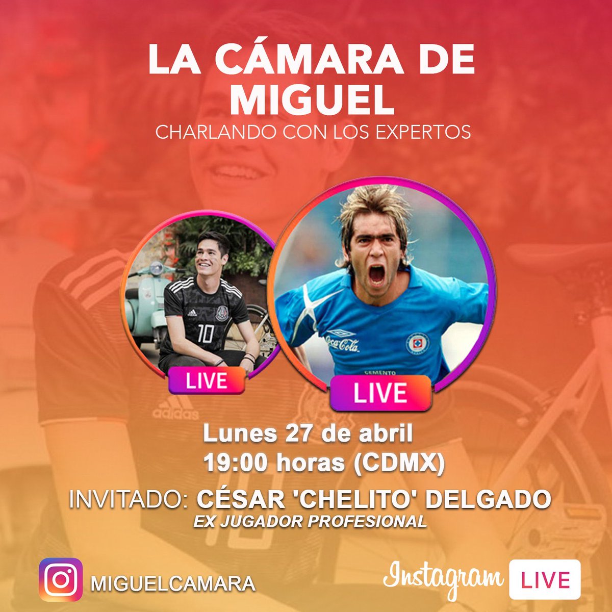 miguelcamara's tweet photo. 🤩¡ES HOY, ES HOY! 🤩

¡Tendré el gusto de compartir #LaCámaraDeMiguel con César  ‘Chelito’ Delgado @chelito1981! 🔥

Tendremos una gran charla futbolera así que NO TE LA PUEDES PERDER. 

📆 Lunes 27 de abril 
⌚️19:00 horas (CDMX)
📲Instagram: miguelcamara https://t.co/fXvrslR0ZW
