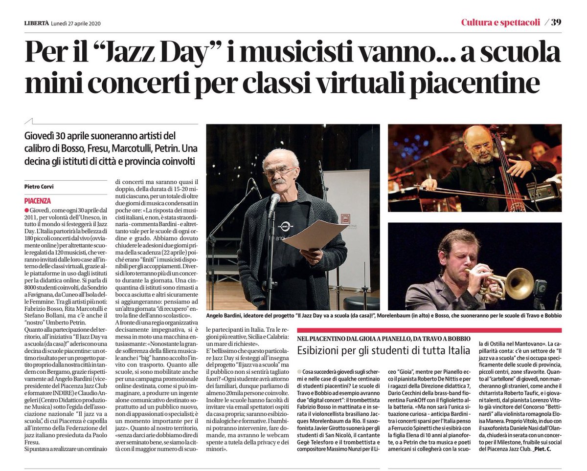 Su <a href="/Liberta_it/">Libertà.it</a> <a href="/IntlJazzDay/">InternationalJazzDay</a> l’idea ...#jazzday a #Piacenza 6000 studenti in diretta #streaming <a href="/vittovolte/">vittoria volterrani</a> <a href="/Eleonor34096772/">Eleonora Galli</a> <a href="/GRECOROCCO/">Rokko Greko</a> <a href="/roncaglia/">roncaglia</a> <a href="/UggeriRoberto/">Roberto Uggeri</a> @altriSuoni @36Antignani <a href="/musica_jazz/">Musica Jazz </a> @marziorivera <a href="/IndireSocial/">INDIRE</a>