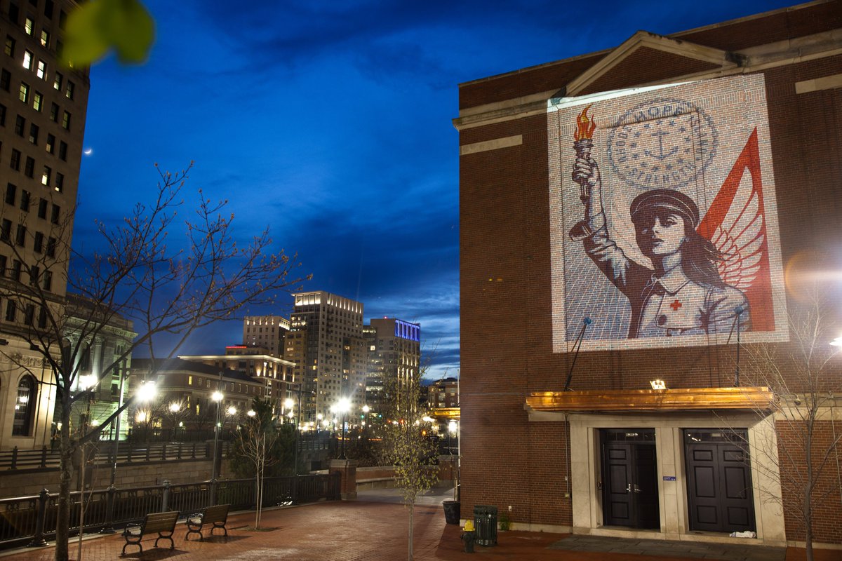 Thank you to <a href="/RISDalumni/">RISD Alumni Association</a> Shepard Fairey 92 IL <a href="/OBEYGIANT/">Shepard Fairey</a> for the inspiring piece ‘R.I. Angel of Hope and Strength.’ See it projected on the #RISD Auditorium in Market Square and on the rear of 20 Washington Place (Steeple St.) 7:30-10 pm through May 2. #RIarts #Providence