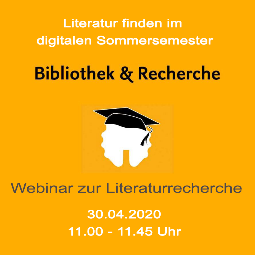 Universitätsbibliothek der Freien Universität (@biblio_fuberlin) on Twitter photo Wir (Philologische Bibliothek) möchten euch gern #digital bei der #Recherche nach #Literatur unterstützen.
Am 30.04.2020 von 11.00 - 11.45 Uhr.
👇 Meldet euch via E-Mail an:
informationskompetenz@philbib.fu-berlin.de Wir (Philologische Bibliothek) möchten euch gern #digital bei der #Recherche nach #Literatur unterstützen.
Am 30.04.2020 von 11.00 - 11.45 Uhr.
👇 Meldet euch via E-Mail an:
informationskompetenz@philbib.fu-berlin.de