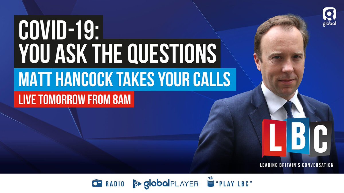 LBC's tweet image. Health Secretary Matt Hancock is joining @NickFerrariLBC tomorrow morning from 8am to answer your questions on the coronavirus crisis.

What would you like to ask @MattHancock?
