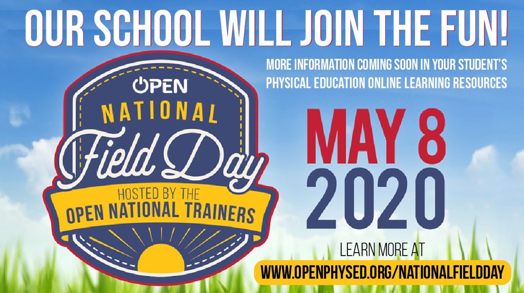 MrsCullenPKPE's tweet photo. Who is ready for #NationalFieldDay on May 8?  PK is All-In! Our school is  going to participate in awesome activities for all ages! Get your whole family involved and move, if you have time at home. Check out your google classroom for more info. @MrsJVMiller @OPENPhysEd #ALLIN https://t.co/XGadkt4MV2