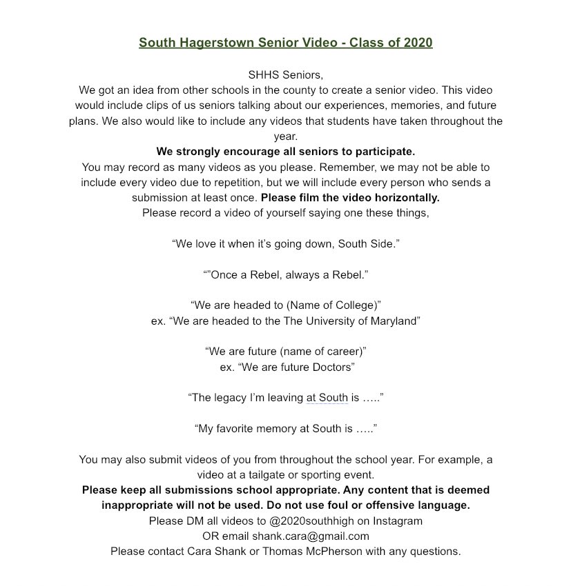 SHHS SENIORS: We got approved to make a senior video. Please follow the directions below to make your submissions!!!