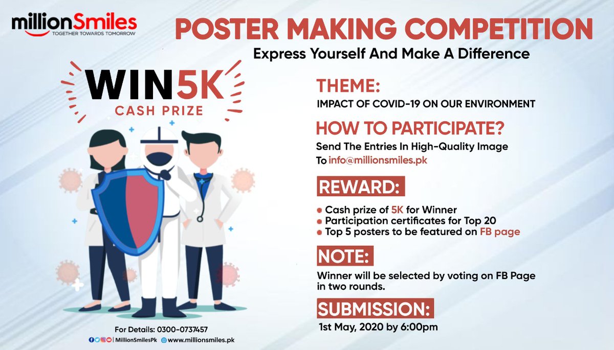 WIN 5K Cash & Get Featured across Pakistan with a #MillionSmiles

Million Smiles is starting a #PosterCompetition. Those who love Designing and thinking what to do, they have now got an amazing activity from Million Smiles.

Winner will be selected through voting at our FB page.
