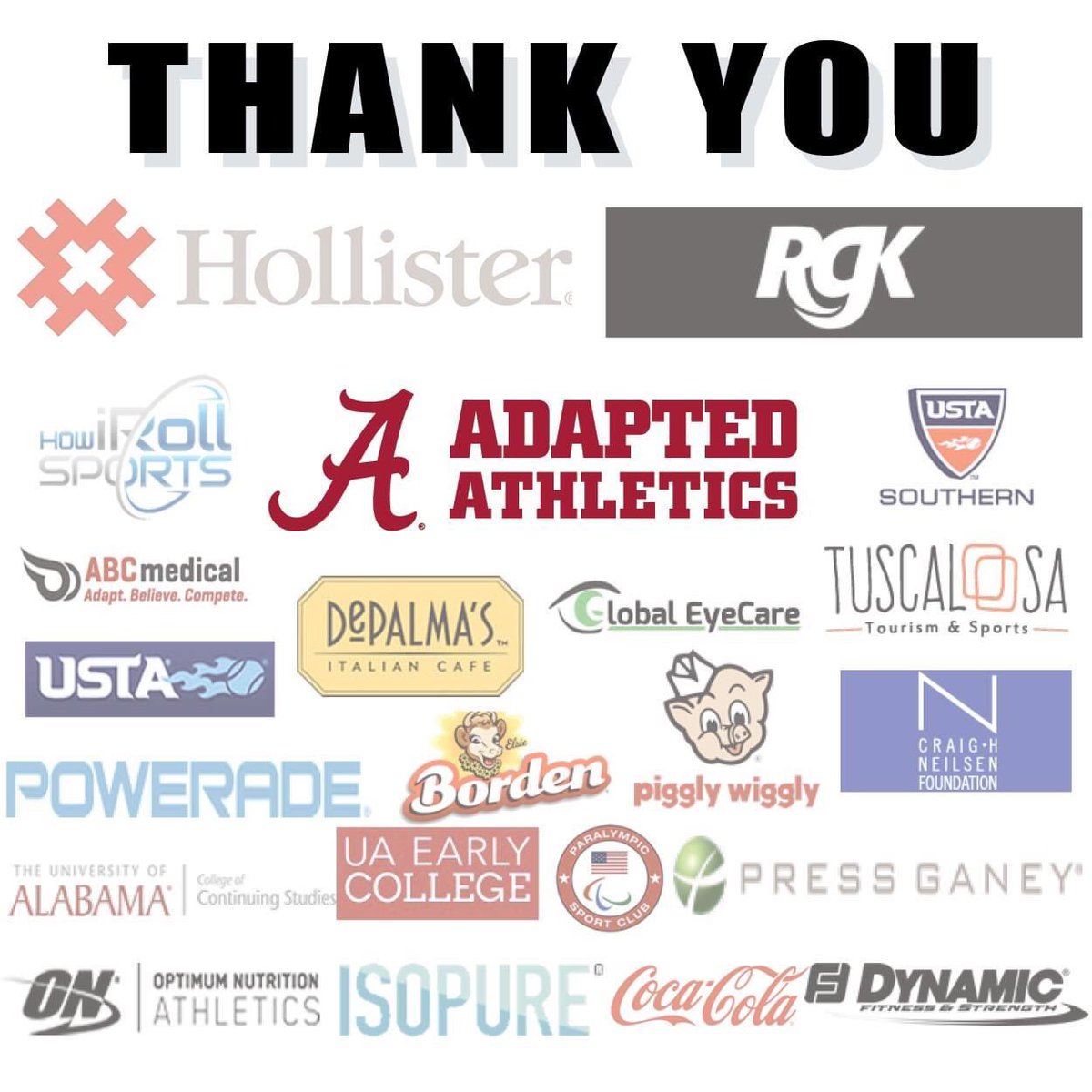 Tide Fans❗️We want to say a huge thank you to our sponsors who help make our program successful. We are so grateful for their continued support of what we are trying to accomplish here at Alabama Adapted Athletics! #Rolltide