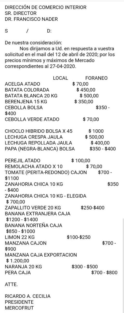 En cumplimiento al requerimiento de la DCI, el Mercofrut informa las referencias de precios al 27/4
